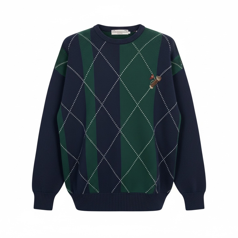 John Ashford Golf Navy Green Argyle Embroidered Sweater Large EUC